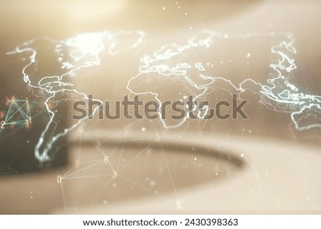 Abstract creative digital world map on modern interior background, globalization concept. Multiexposure