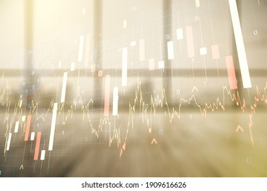 Abstract creative financial graph interface and world map on empty corporate office background, forex and investment concept. Multiexposure
