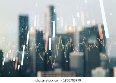 Abstract creative financial graph interface and world map on blurry skyline background, forex and investment concept. Multiexposure - Powered by Shutterstock