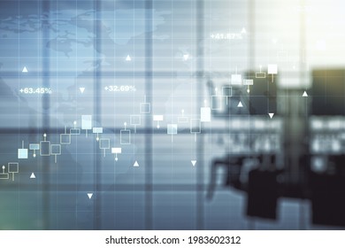 Abstract creative financial graph interface and world map on a modern conference room background, forex and investment concept. Multiexposure - Powered by Shutterstock - Get 15% off with code: PIKWIZARD15