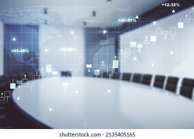Abstract creative financial graph interface and world map on a modern conference room background, forex and investment concept. Multiexposure