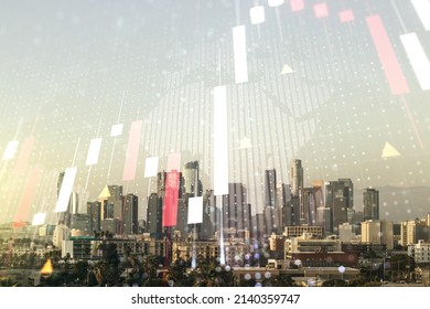 Abstract creative financial graph interface and world map on Los Angeles skyline background, forex and investment concept. Multiexposure