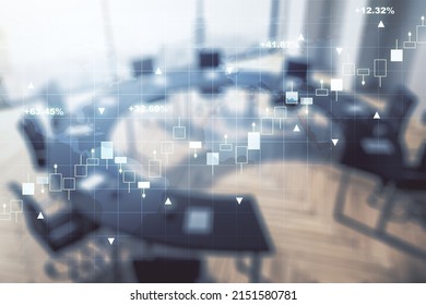 Abstract creative financial graph interface and world map on a modern conference room background, forex and investment concept. Multiexposure