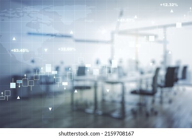 Abstract creative financial graph interface and world map on a modern furnished office background, forex and investment concept. Multiexposure
