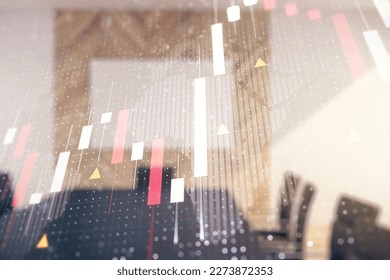 Abstract creative financial graph interface and world map on a modern conference room background, forex and investment concept. Multiexposure