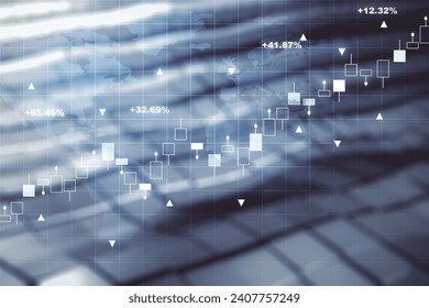 Abstract creative financial graph interface and world map on blurry abstract metal background, forex and investment concept. Multiexposure