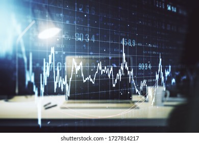 Abstract creative financial graph on modern laptop background, financial and trading concept. Multiexposure