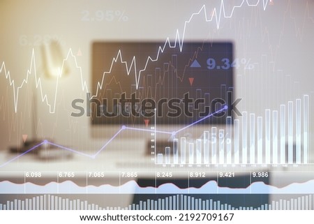 Abstract creative financial graph on modern laptop background, financial and trading concept. Multiexposure