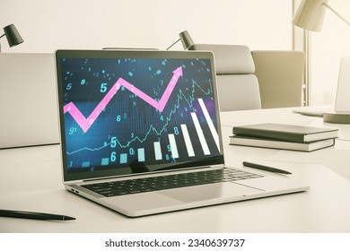 Abstract creative financial graph with upward arrow on modern laptop monitor, forex and investment concept. 3D Rendering