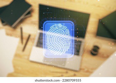 Abstract creative fingerprint concept on modern laptop background. Multiexposure