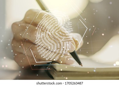 Abstract creative fingerprint illustration with woman hand writing in diary on background, personal biometric data concept. Multiexposure