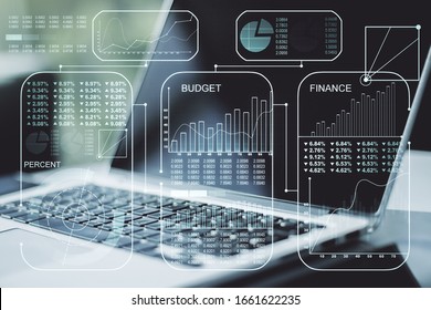 Abstract creative stats data concept on modern laptop background. Multiexposure