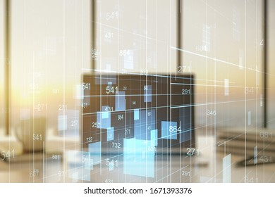 Abstract creative stats data concept on modern laptop background. Multiexposure