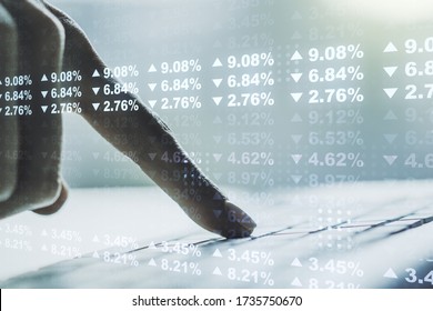Abstract creative stats data concept with hands typing on laptop on background. Multiexposure