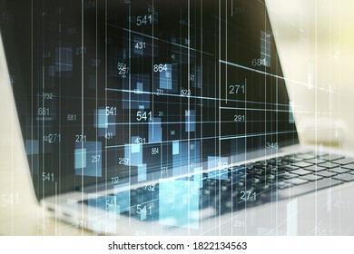 Abstract creative stats data concept on modern laptop background. Multiexposure