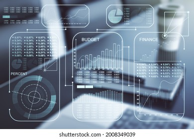 Abstract creative stats data concept on modern laptop background. Multiexposure