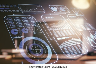 Abstract creative stats data concept on modern laptop background. Multiexposure