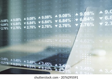 Abstract creative stats data concept on modern laptop background. Multiexposure
