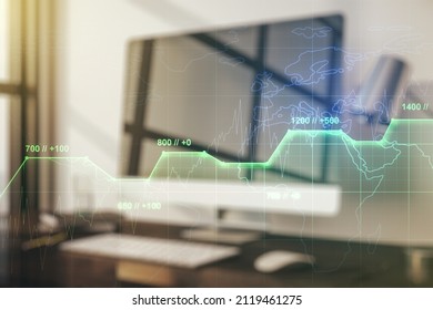 Abstract creative stats data concept on modern laptop background. Multiexposure