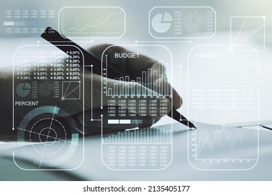 Abstract creative stats data concept with man hand writing in notebook on background. Multiexposure