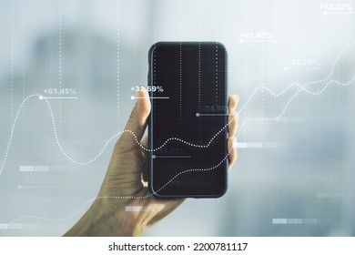 Abstract creative stats data concept and hand with phone on background. Multiexposure