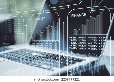Abstract creative stats data concept on modern laptop background. Multiexposure