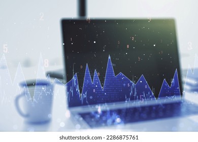 Abstract creative stats data concept on modern laptop background. Multiexposure