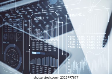 Abstract creative stats data concept on modern laptop background. Multiexposure