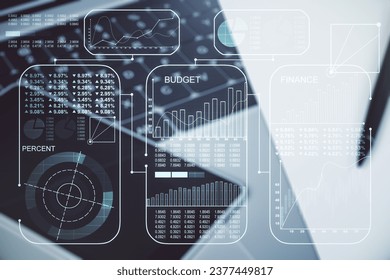 Abstract creative stats data concept on modern laptop background. Multiexposure