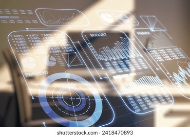 Abstract creative stats data concept and modern desktop with computer on background. Multiexposure
