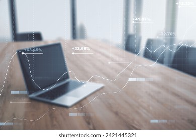 Abstract creative stats data concept on modern laptop background. Multiexposure