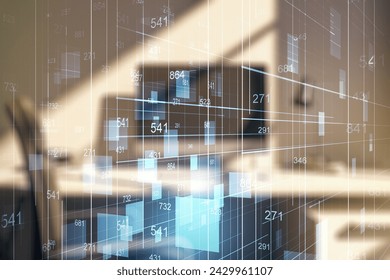 Abstract creative stats data concept and modern desktop with computer on background. Multiexposure