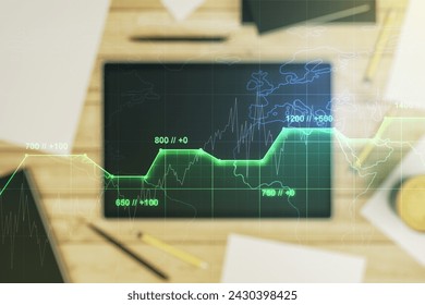 Abstract creative stats data concept and modern digital tablet on background, top view. Multiexposure