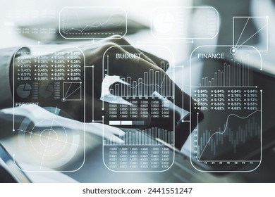 Abstract creative stats data concept with finger clicks on a digital tablet on background. Multiexposure