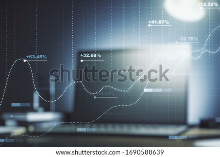 Abstract creative stats data concept on modern laptop background. Multiexposure
