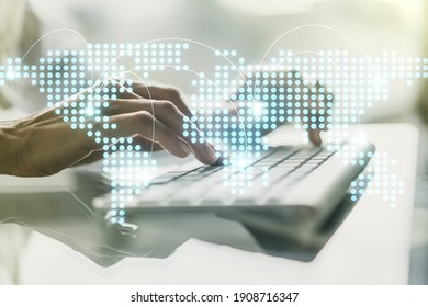 Abstract creative world map with connections and hands typing on laptop on background, international trading concept. Multiexposure