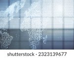 Abstract creative world map interface on empty corporate office background, international trading concept. Multiexposure