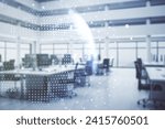 Abstract creative world map interface on a modern furnished office background, international trading concept. Multiexposure