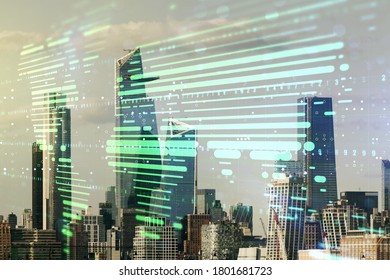 Abstract creative world map interface on New York city skyline background, international trading concept. Multiexposure