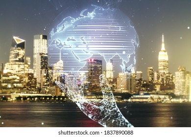 Abstract creative world map interface on New York city skyline background, international trading concept. Multiexposure