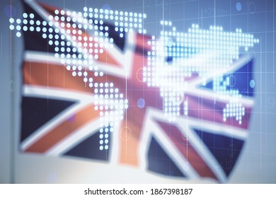 Abstract creative world map interface on flag of Great Britain and sunset sky background, international trading concept. Multiexposure