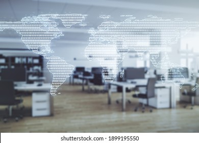 Abstract creative world map interface on a modern furnished office background, international trading concept. Multiexposure