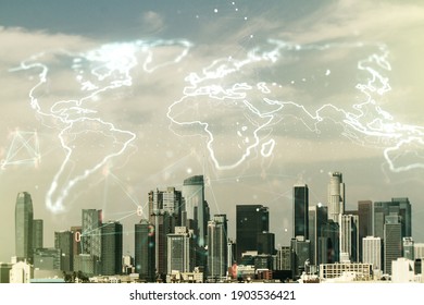 Abstract creative world map interface on Los Angeles skyline background, international trading concept. Multiexposure