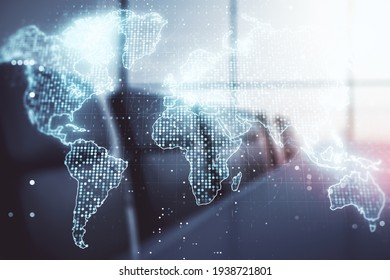 Abstract creative world map interface on a modern conference room background, international trading concept. Multiexposure