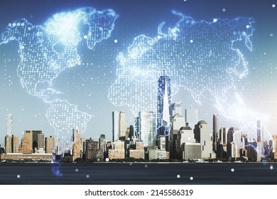 Abstract creative world map interface on New York city skyline background, international trading concept. Multiexposure