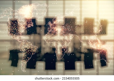 Abstract creative world map interface on a modern conference room background, international trading concept. Multiexposure