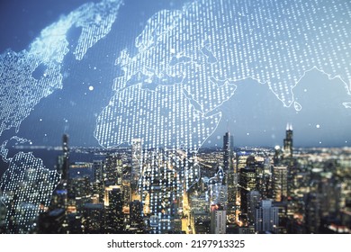 Abstract creative world map interface on Chicago skyline background, international trading concept. Multiexposure