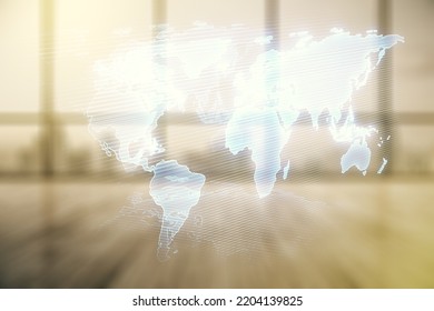 Abstract Creative World Map Interface On Empty Corporate Office Background, International Trading Concept. Multiexposure