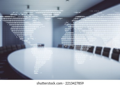 Abstract creative world map interface on a modern conference room background, international trading concept. Multiexposure