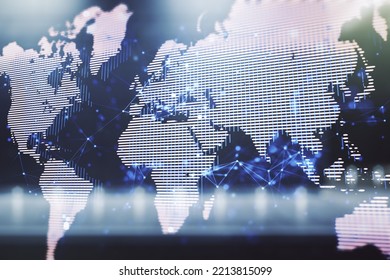 Abstract creative world map interface on blurry modern office building background, international trading concept. Multiexposure